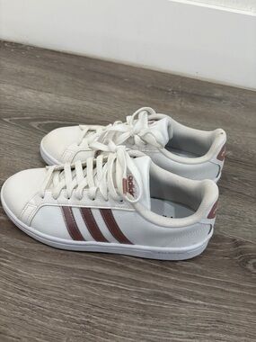 adidas White Sneakers with Blush Pink Stripes